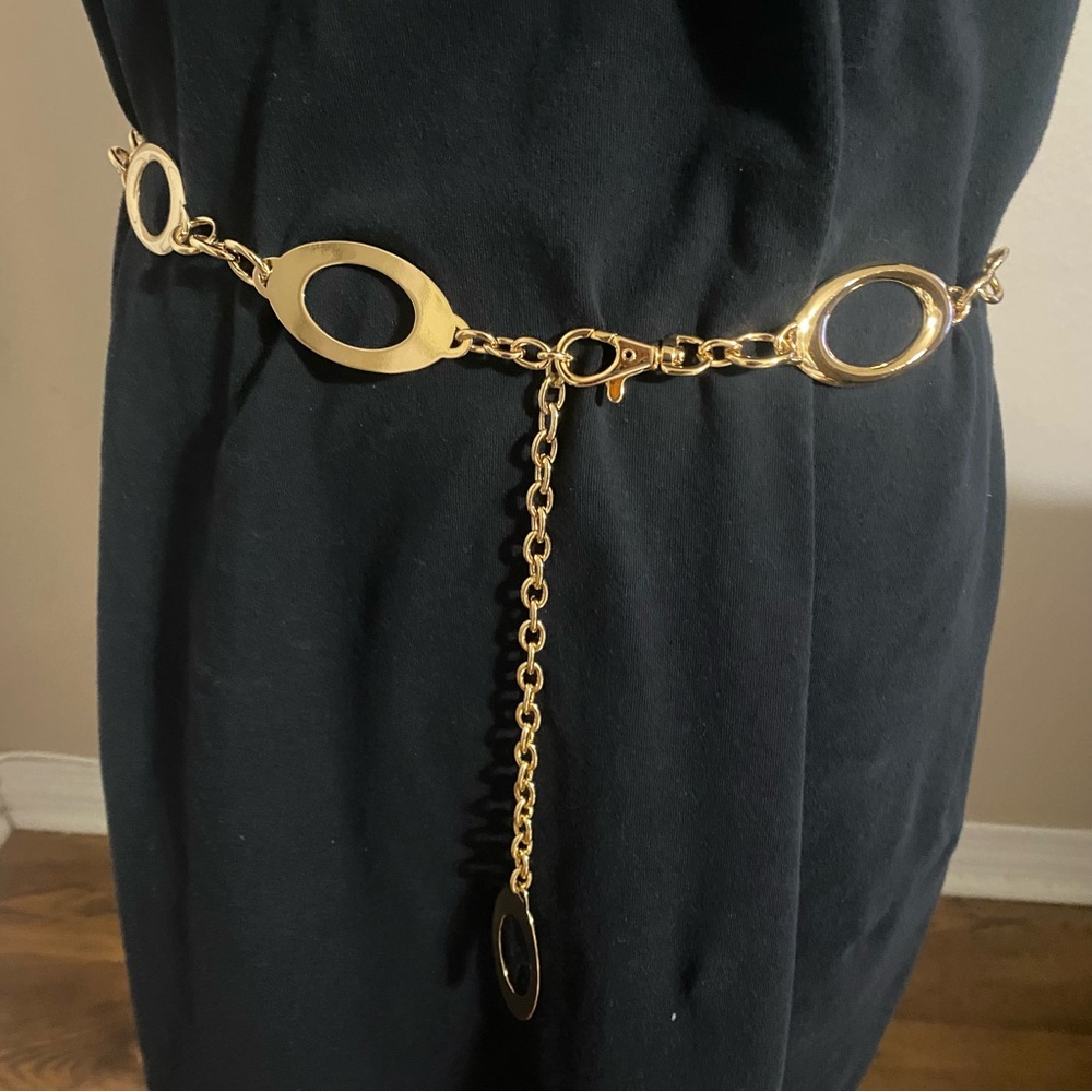 Fossil Gold Tone Chain Link Waist Hip Belt Oval Open Circle Statement Adjustable